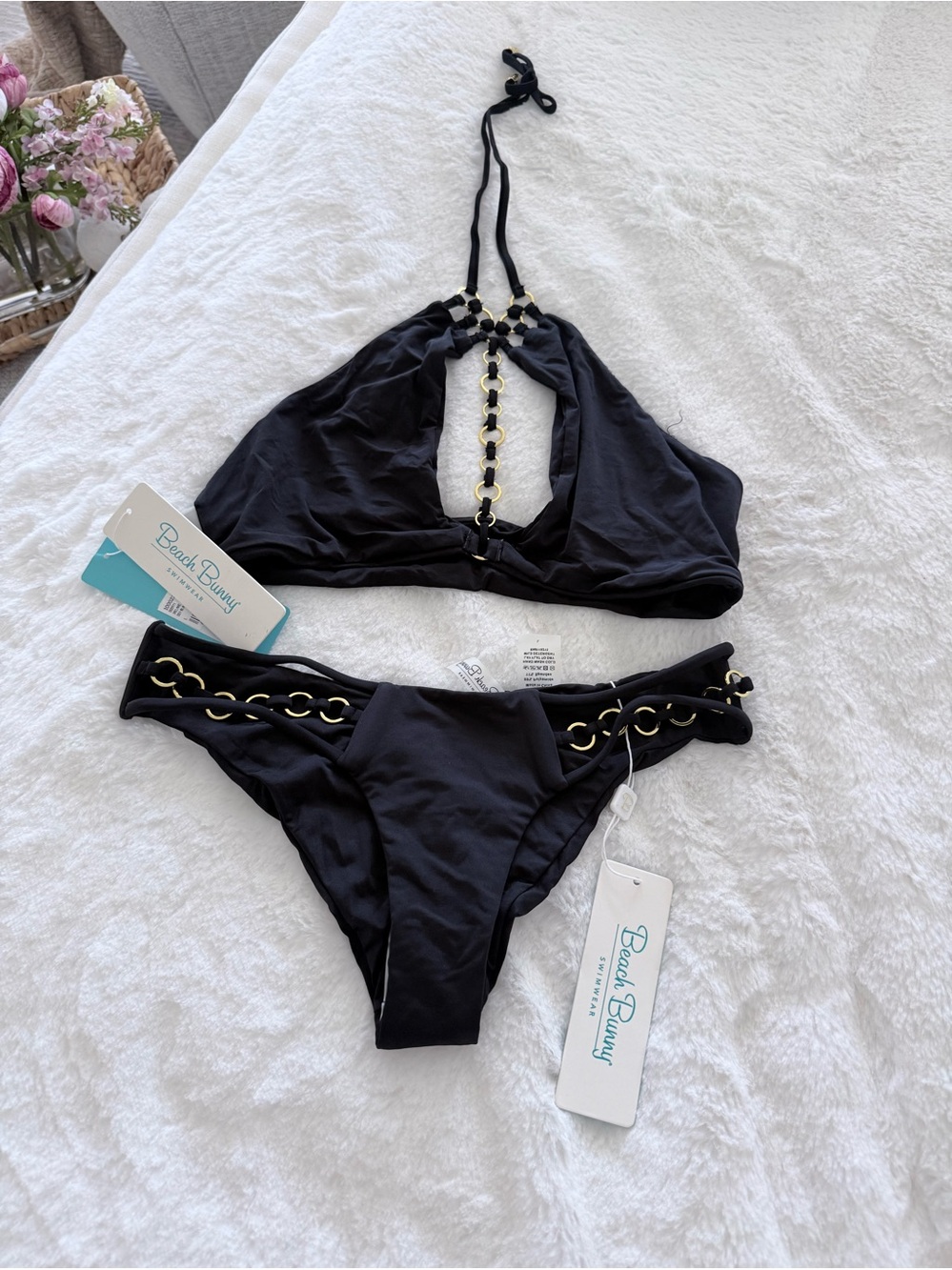 Beach Bunny Black Bikini Top and Bottom with Gold Chain Detail